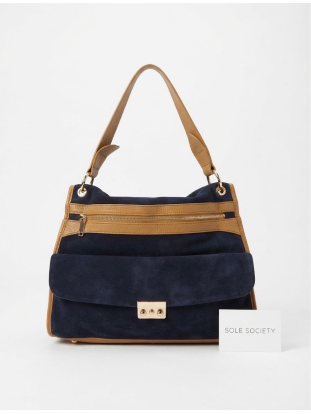 Sole Society Two-Tone Hobo Bag Navy Tan Taupe Vegan Leather